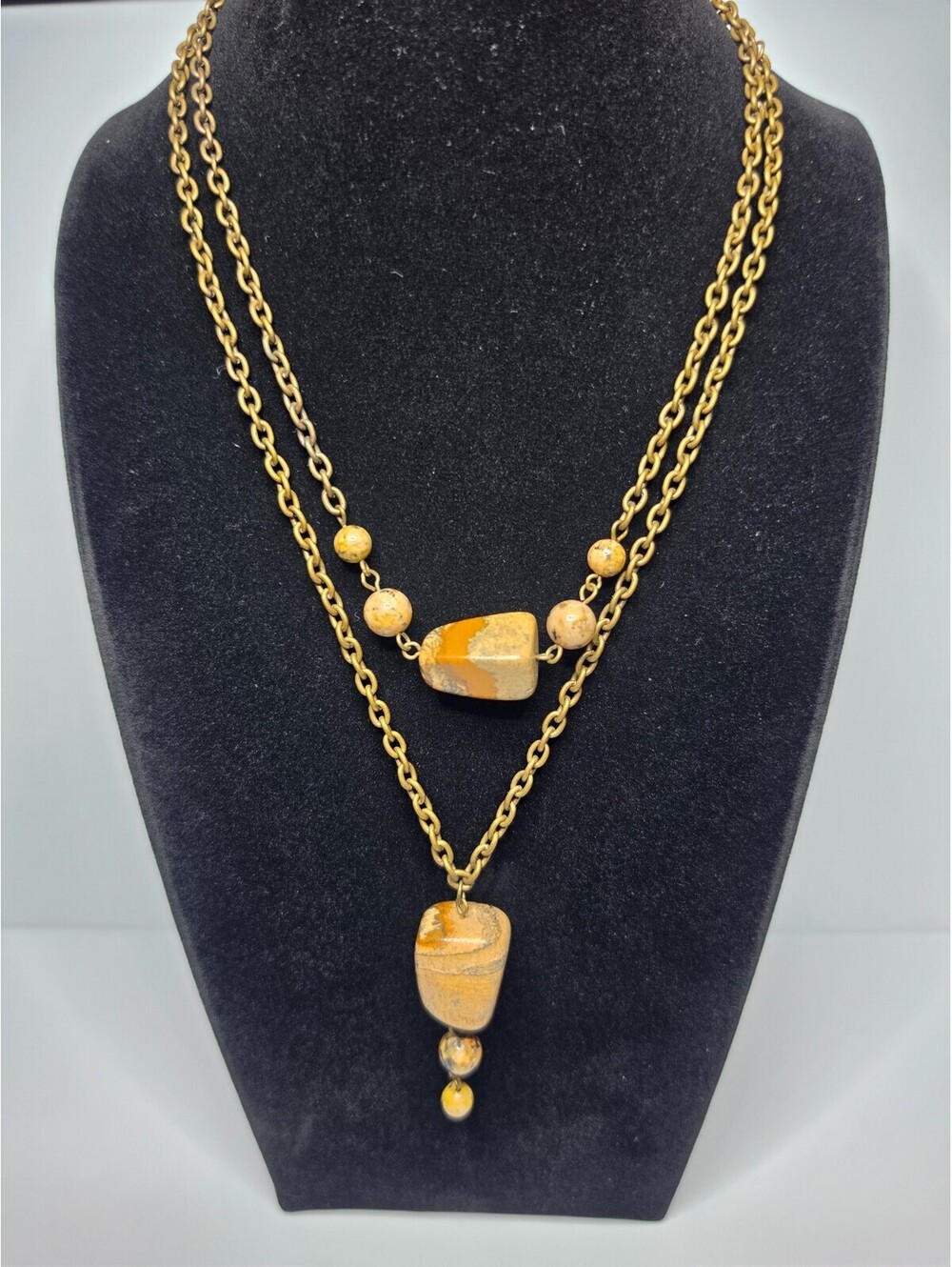 Multi-Strand Picture Jasper Nugget Pendant Necklace Gold Tone Boho